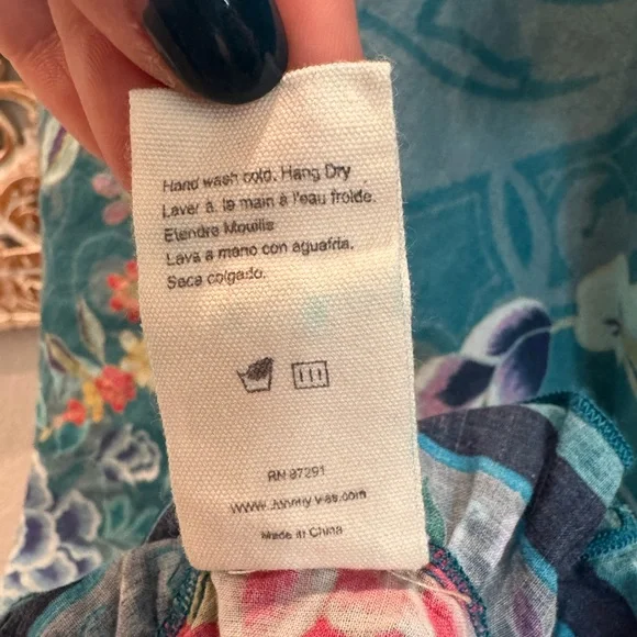 Johnny Was Teal Blue Floral & Birds Lightweight Cotton Ruffle Trim Cover-Up - Picture 9 of 12